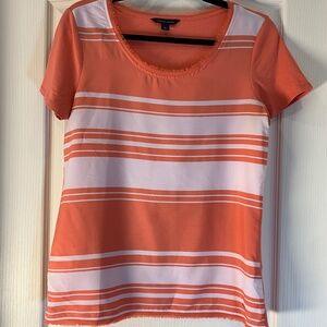 Tommy Hilfiger Striped Mixed-Media Tee (S) | Coral & White | Vacation-Ready Clas